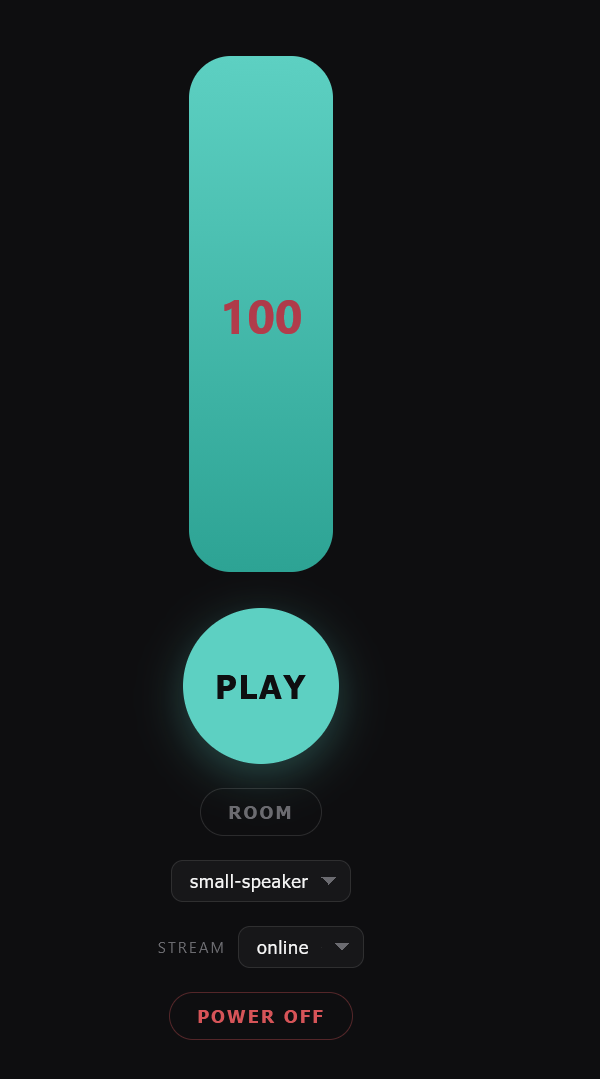 The Shellphone control page: volume slider, PLAY button, ROOM button, sound-filter menu, stream menu and POWER OFF