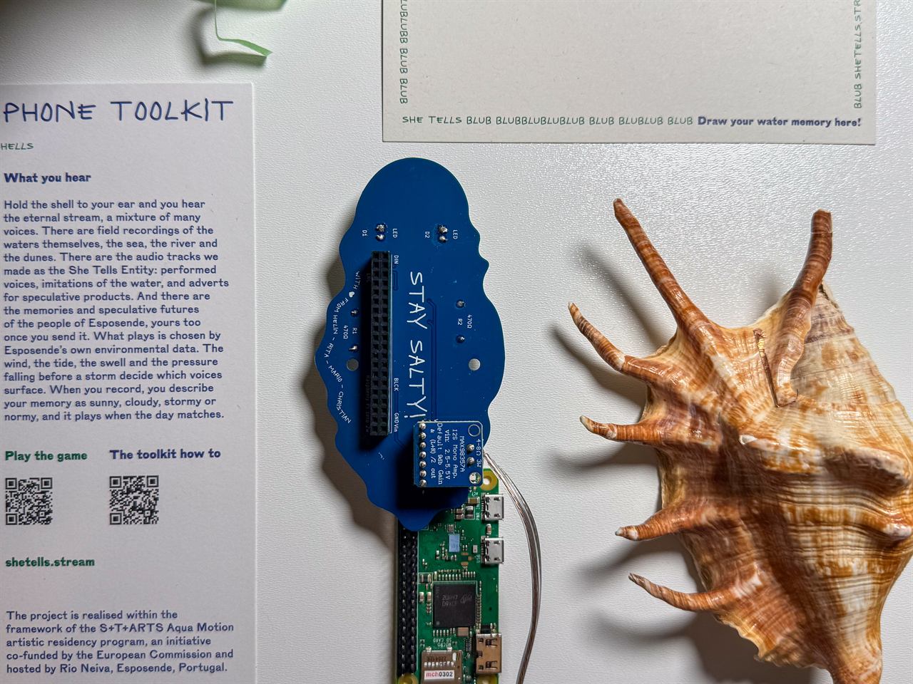 The back of the board, STAY SALTY, on the Raspberry Pi next to the shell
